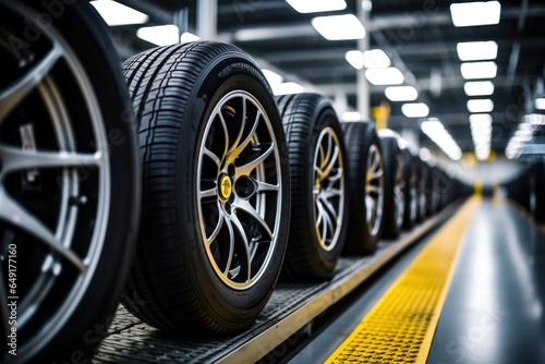 Rows of tire rubber on auto repair center shelf. © Attasit