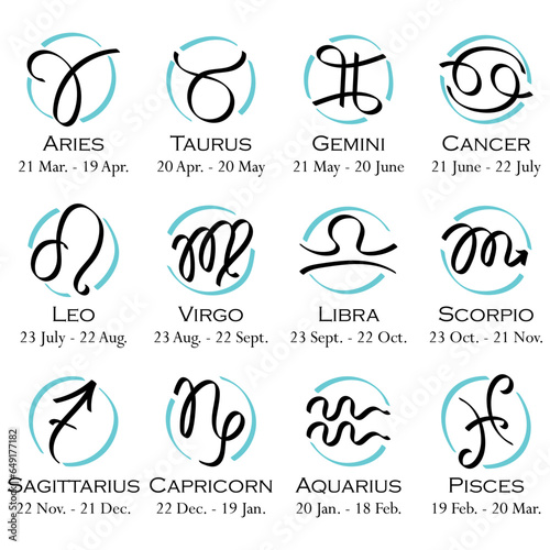 Horoscope with 12 zodiac signs with names and dates. Astrology, stars, sky, constellations, astronomy, ascendant, astrologer, astropsychology, fortune telling, natal chart, Ophiuchus. Casual style