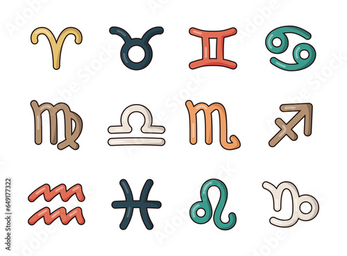 Astrological signs of the zodiac. Aries, Taurus, Gemini, Cancer, Virgo, Libra, Scorpio, Sagittarius, Aquarius, Pisces, Leo, Capricorn. Vector drawing. Collection of design elements.