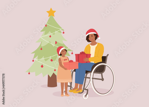 Smiling Disabled Black Mother With Wheelchair And Little Daughter With Santa Hat Giving Each Other A Christmas Presents. Full Length.