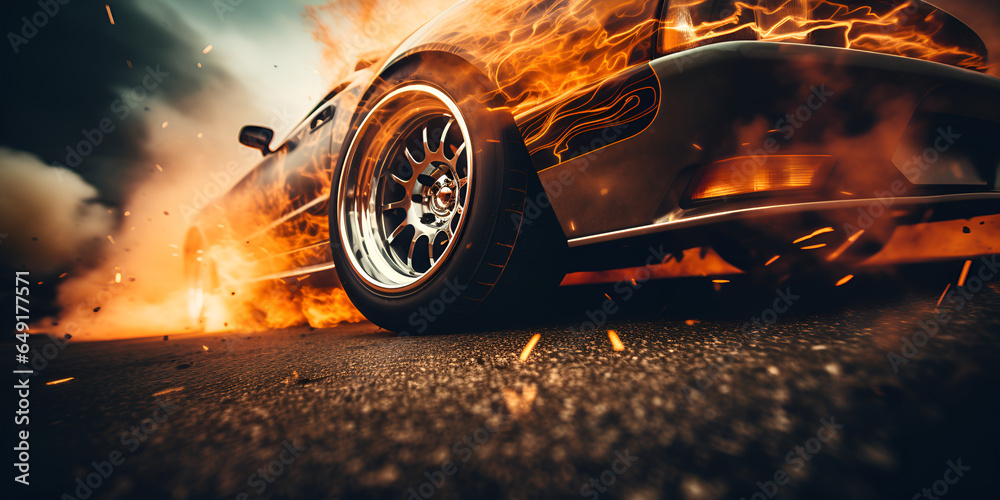 Burn out car wheel on fire flames under the wheel of the car Wheel of Fire Dramatic Car Burnout