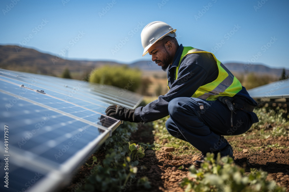 Side view of solar power plant worker repairing panel, cell after breakdown Side view of solar power plant worker repairing panel, cell after breakdown