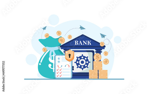 Save money and investment management finance technology. Calculating and analyzing personal or corporate budget, managing financial income. Vector illustration