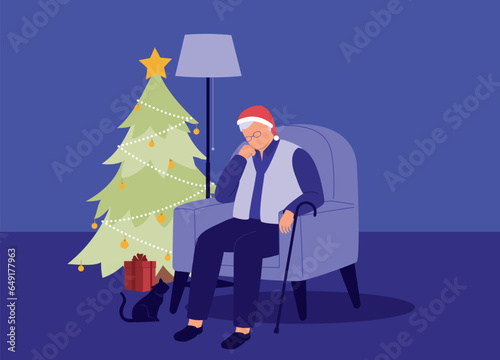One Lonely Senior Man With Santa Hat Sitting On Couch Alone At Home During Christmas Season. Full Length. Flat Design.