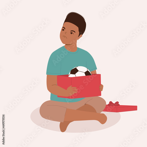 Grumpy Little Black Boy With Frowning Face Dislike His Soccer Ball As Present. Full Length.