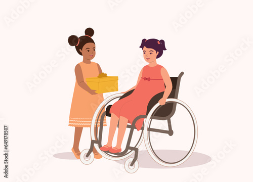 Smiling Little Black Girl Giving A Present To Disabled Girl With Wheelchair. Full Length.