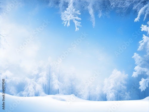 Winter background, frame, forest and snow, horizontal photo