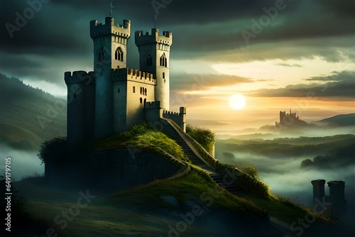 Foto A haunted Halloween castle, perched on a misty hilltop, with crumbling walls, iv