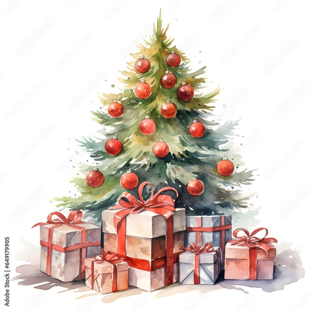 Watercolor Christmas Tree with presents on white background