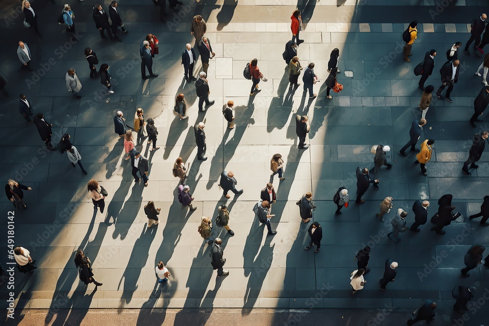 Aerial view of a crowd crossing the street in sun light - obrazy, fototapety, plakaty 