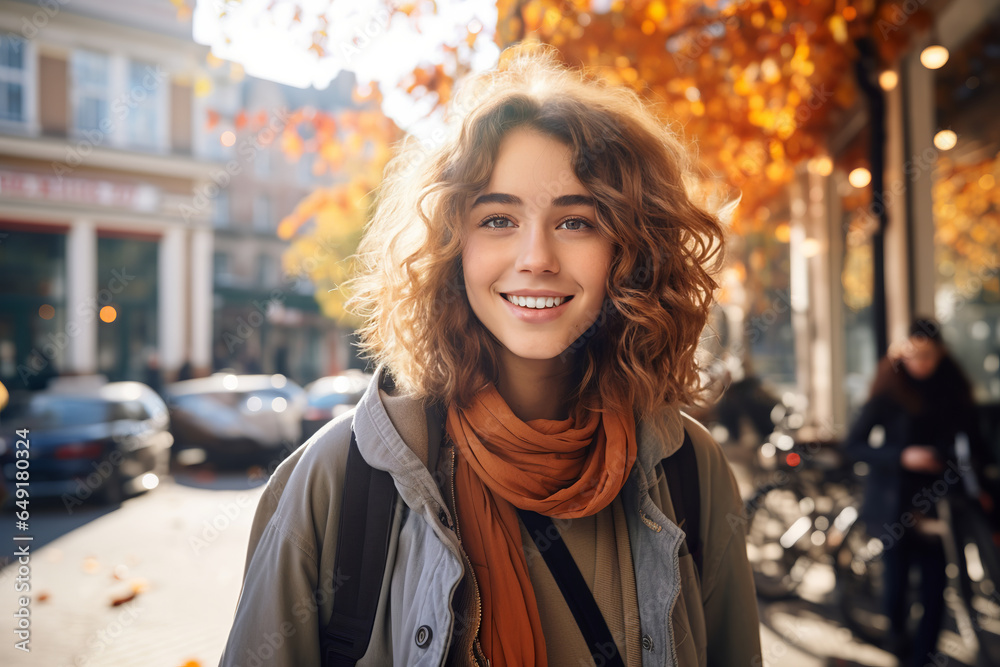 Fototapeta premium Happy Girl on a blurred background in a school