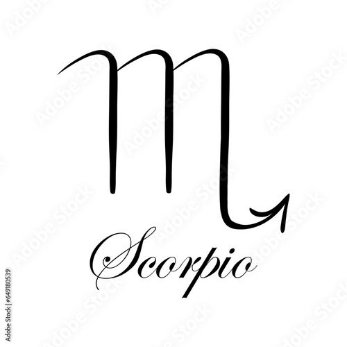 Scorpio with name. Horoscope with 12 or 13 zodiac signs. Astrology, fortune telling, constellation, stars, ascendant, pseudoscience, natal chart. Italic style