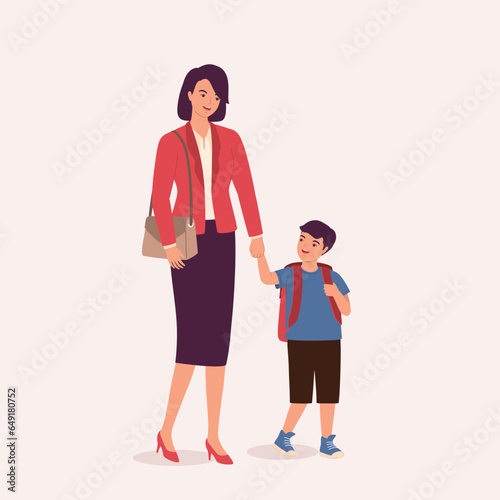 Smiling Working Mother Walking Her Son To School While Holding Hands Together. Back To School. Full Length.