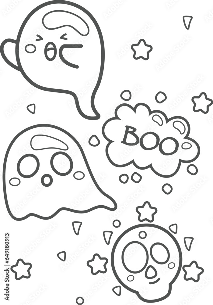 Cute Ghost Halloween Party Decoration Cartoon Coloring Pages for Kids and Adult