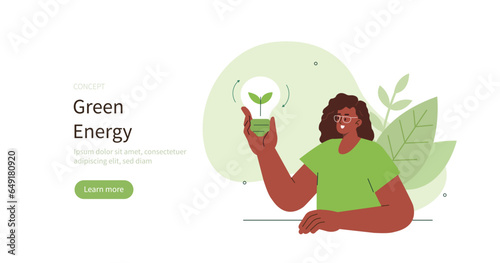 Climate change and sustainability. Character showing benefits of green electricity and energy. Sustainable industry concept. Vector illustration.
