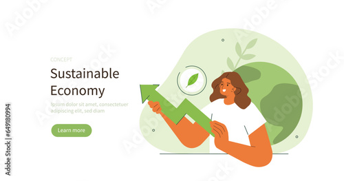 Climate change and sustainability. Character showing benefits of sustainable economy to environment protection. Circular economy concept. Vector illustration.