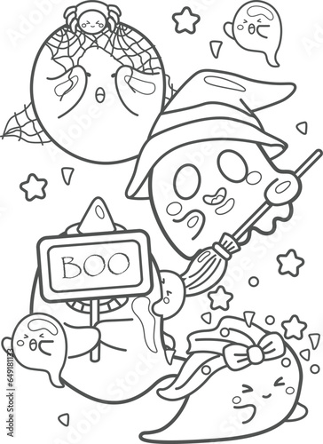 Cute Ghost Halloween Party Decoration Cartoon Coloring Pages for Kids and Adult