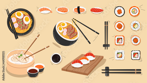 Asian Food Set, Sushi, Rolls, Ramen
