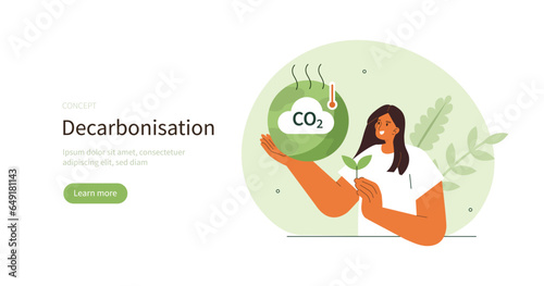 Climate change and sustainability. Character showing benefits of decarbonisation. CO2 emissions reduction concept. Vector illustration.