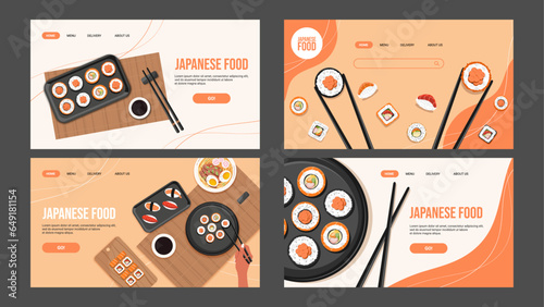 4 Landing Pages for Asian Food Restaurant. Vector