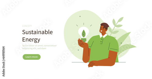 Climate change and sustainability. Character holding light bulb with leaf as metaphor of green energy. Sustainable living concept. Vector illustration.
