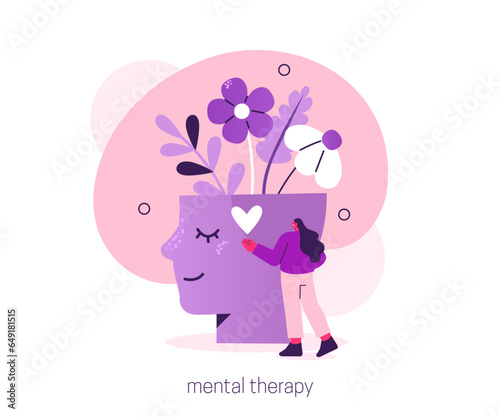 Mentality calmness. Character take care of mentality and learn self accepting. Mental health and psychotherapy concept. Vector illustration.