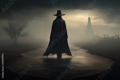 Scary man silhouette walking in the fog