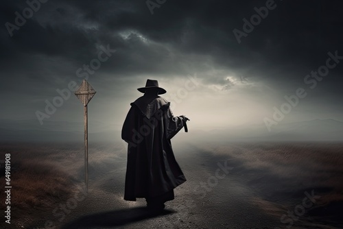 Scary man silhouette walking in the fog