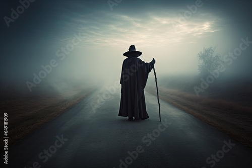 Scary man silhouette walking in the fog