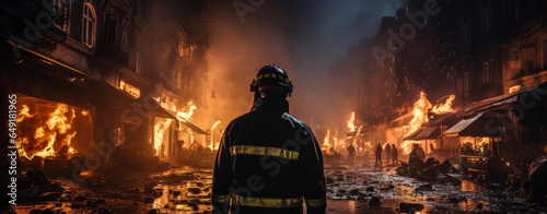 Heldenhafte Feuerwehrleute im Kampf gegen verheerendes Großfeuer – Rettungskräfte löschen brennende Häuser, AI-Generiert photo