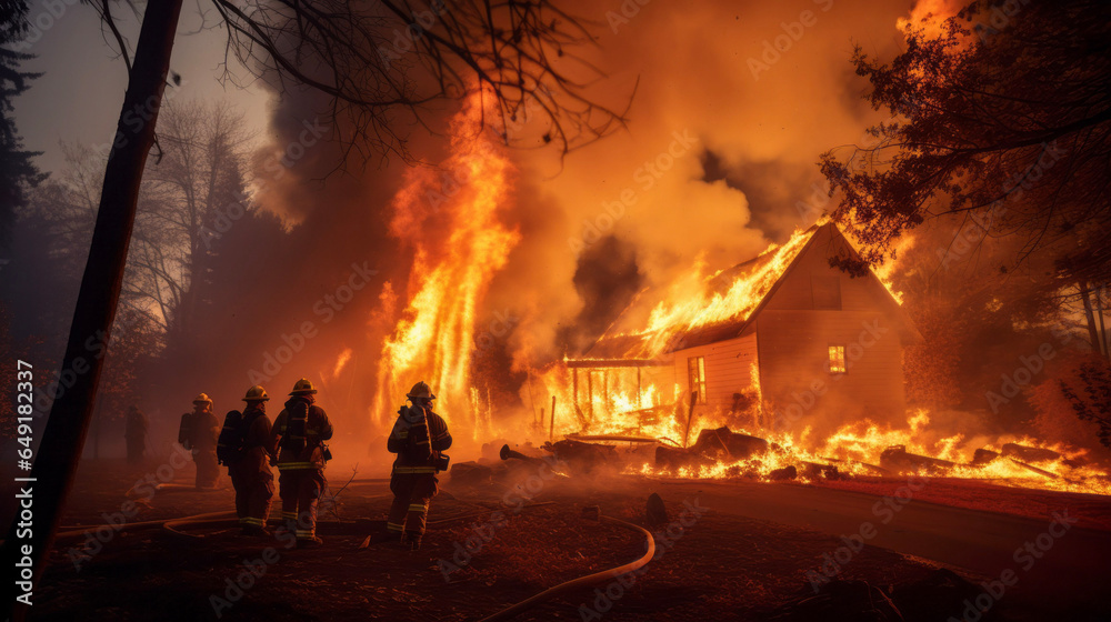 Heldenhafte Feuerwehrleute im Kampf gegen verheerendes Großfeuer – Rettungskräfte löschen brennende Häuser, AI-Generiert