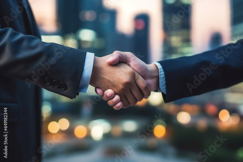 A close-up of a handshake, businessman making handshake with partner in the city for dealing, merger and acquisition concepts. AI Generative