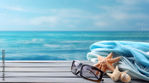 Beach Accessories on Blue Wooden Background with Sea View: Ideal Product Presentation Backdrop for Summer Essentials and Vacation Gear