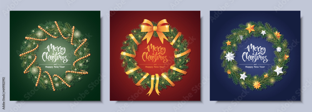 Set of Christmas invitation cards with festive wreaths made of fir branches. Christmas and New Year. Greeting card, flyer, banner with festive decoration.