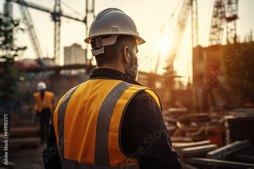 Construction Engineer Overseeing House Construction, Helmeted and Safety Vest-Clad, Architect at Work, Blurred Background. created with Generative AI