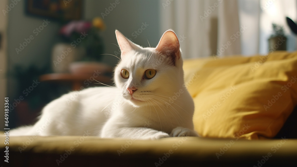 White cat on yellow sofa, beautiful kitty, urban pets, daylight in cute apartment White cat on yellow sofa, beautiful kitty, urban pets, daylight in cute apartment