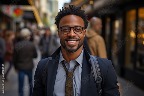Smiling African American Businessman in Black Suit Striding to Office in Dynamic Cityscape. created with Generative AI