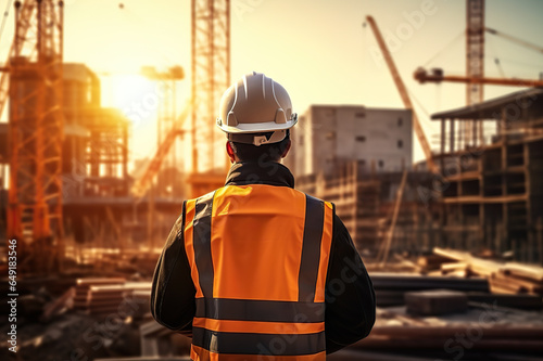 Construction Engineer Overseeing House Construction, Helmeted and Safety Vest-Clad, Architect at Work, Blurred Background. created with Generative AI