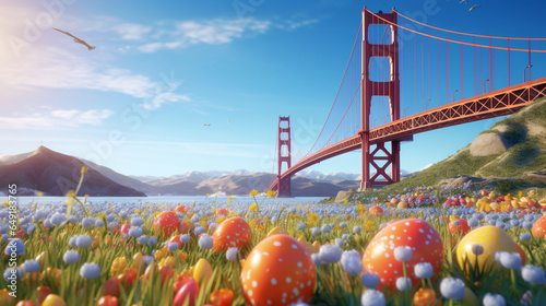 Easter holiday and sunny day in Golden gate bridge wallpaper in paper art and craft design concept and animation with egg. Created using generative AI.