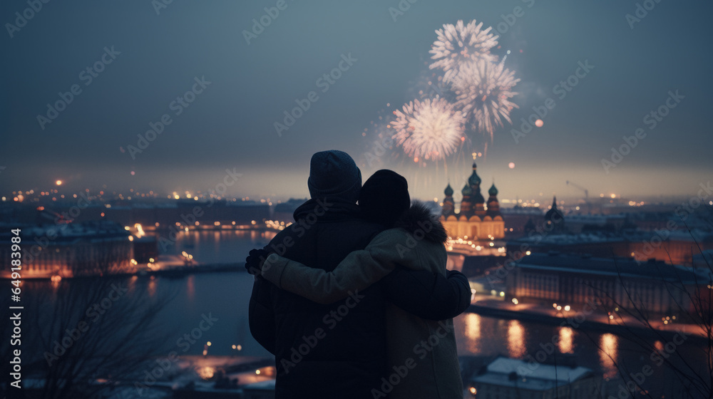 Romantic couple hugging and watching fireworks in the city on New Years' Eve