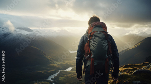 Man standing at summit, enjoying sunset on mountaintop, hiking adventure in winter photo