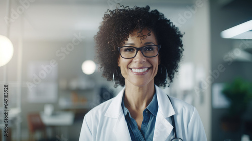 Black female doctor smiling and looking at camera in clinic photo