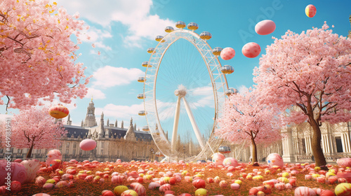 Easter festival wallpaper in paper art and craft design concept with London eye background and egg. Created using generative AI.