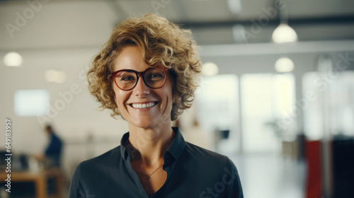Confident businesswoman with curly hair smiling in an office photo