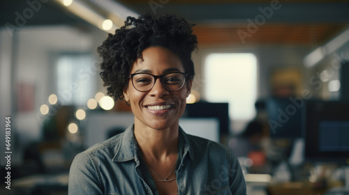 Professional woman with curly hair and glasses smiling in a business headshot portrait