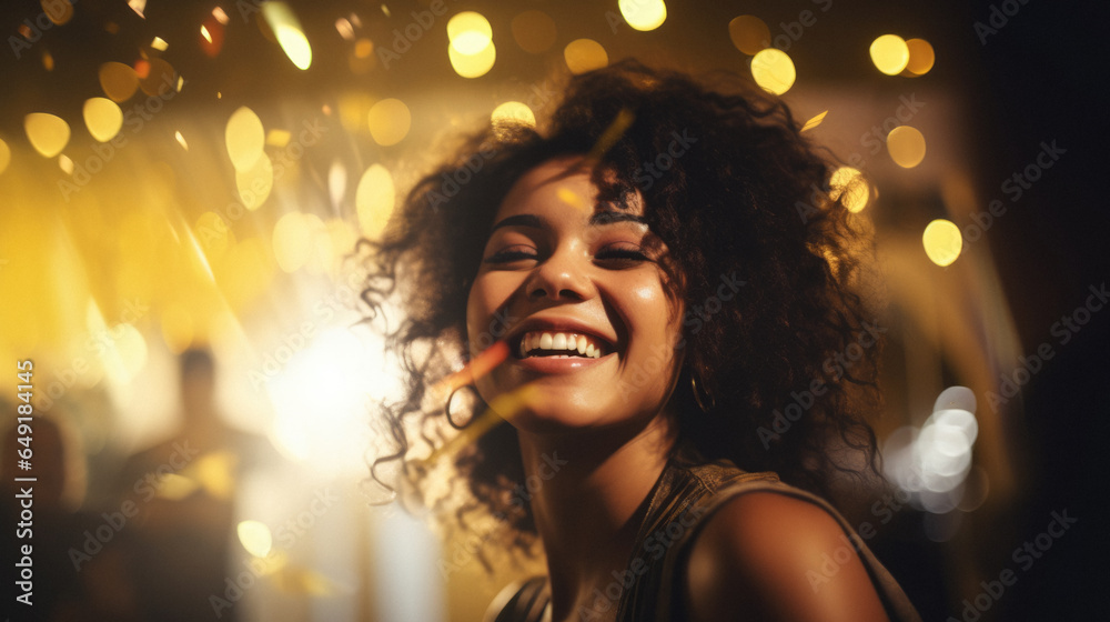 Happy woman smiling and celebrating at a festival with confetti and music