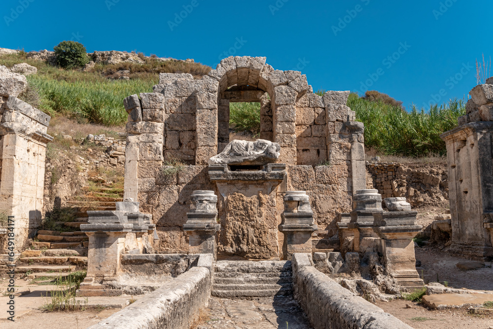 Ancient city of Perge in Antalya, Turkey. Historical ruins in the ancient city of Pamphylia