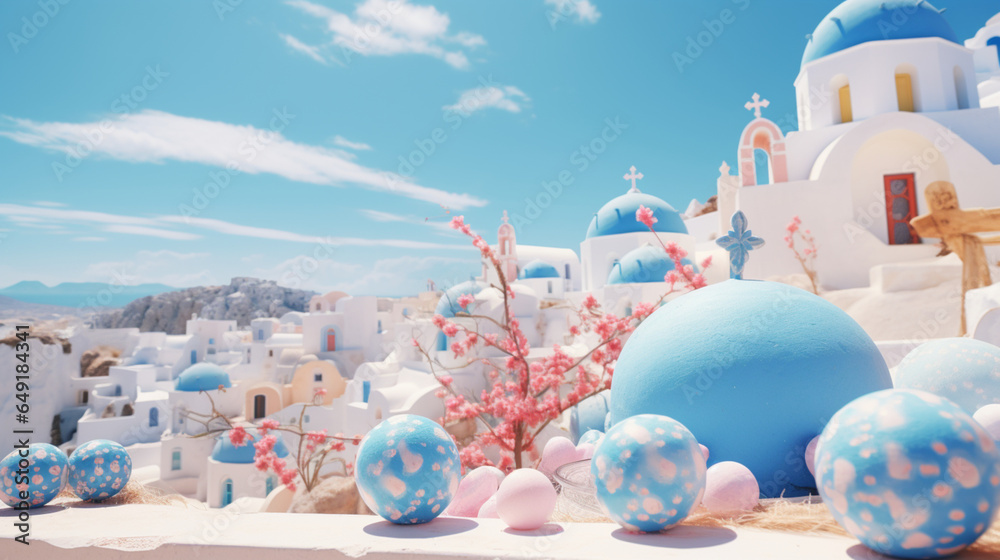 Easter holiday time in Santorini Greece decorate by egg background in paper art and craft design concept. Created using generative AI. Easter holiday time in Santorini Greece decorate by egg background in paper art and craft design concept. Created using generative AI.