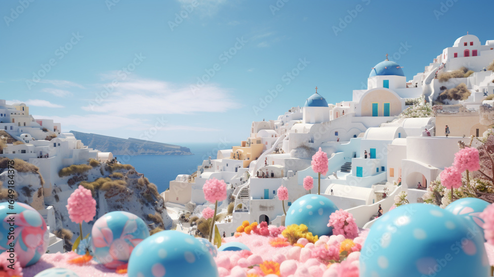 Naklejka premium Easter holiday time in Santorini Greece and sunny day wallpaper in paper art and craft design concept and animation with egg. Created using generative AI.