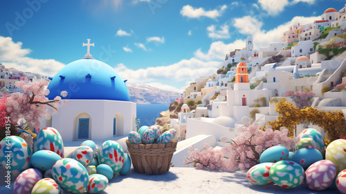 Abstract background Santorini Greece in the morning in Easter festival theme in paper art and craft design concept. Created using generative AI.